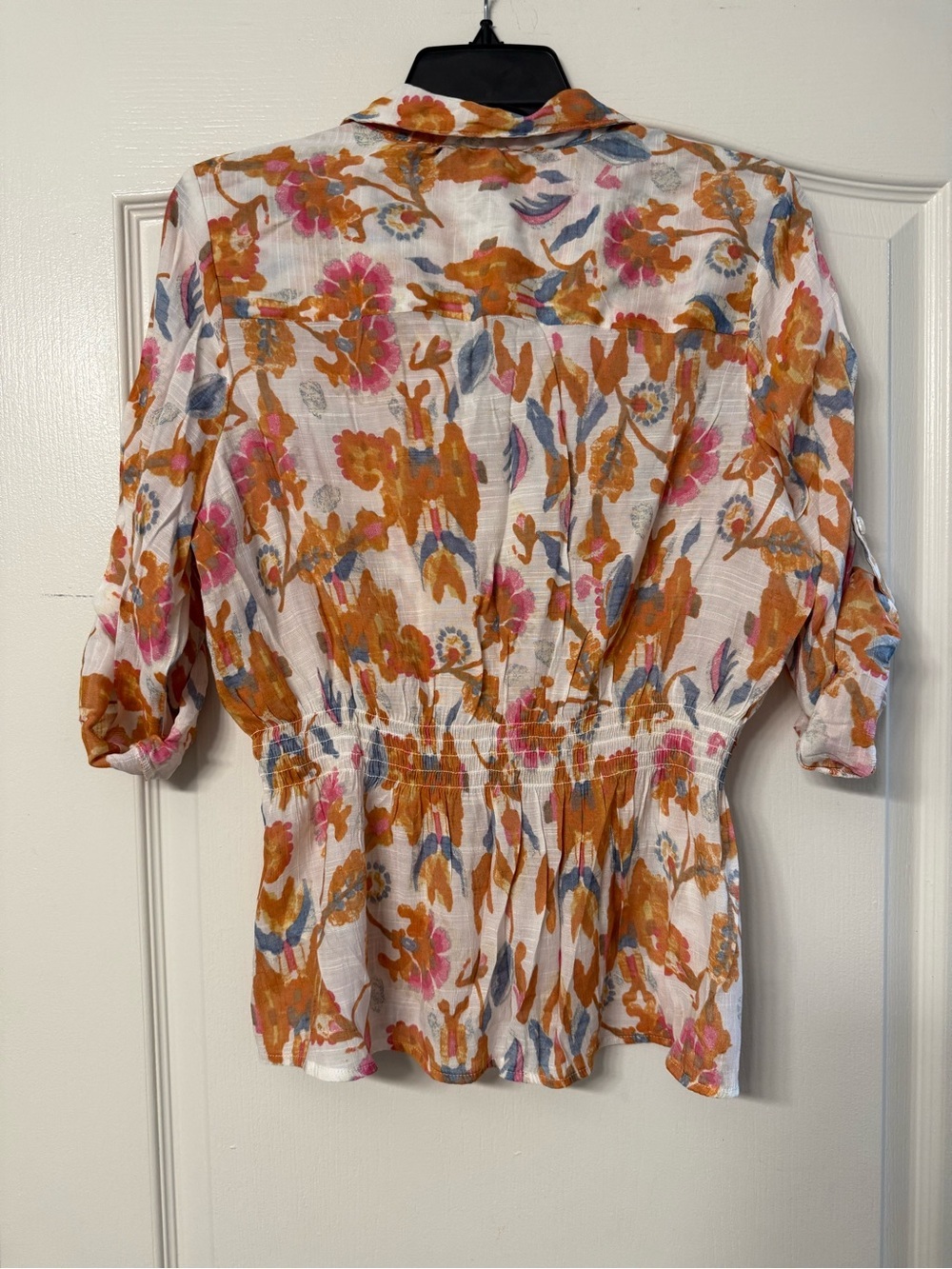 Alex & Parker Petite XL Floral Smocked Waist Button Front Roll Tab Blouse - Picture 5 of 8